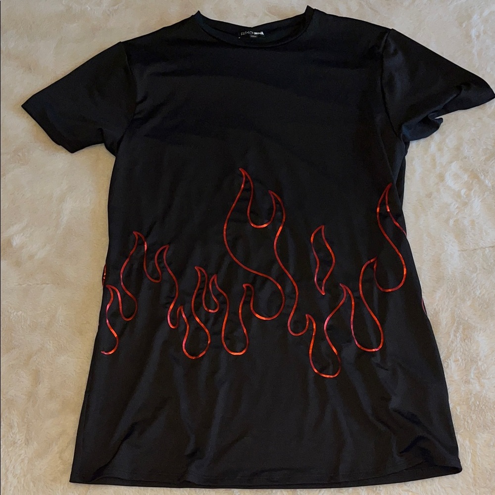 Black T-Shirt dress with Red Flame Design